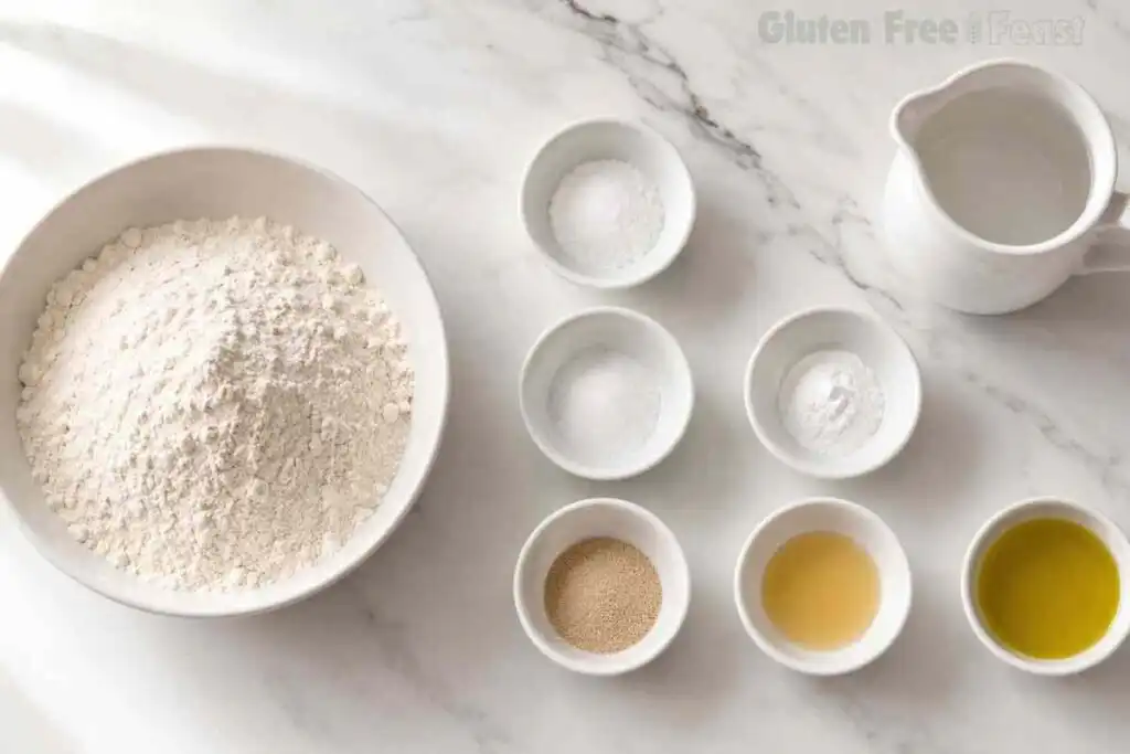Ingredients for making gluten free pizza dough including flour, yeast, olive oil, and water