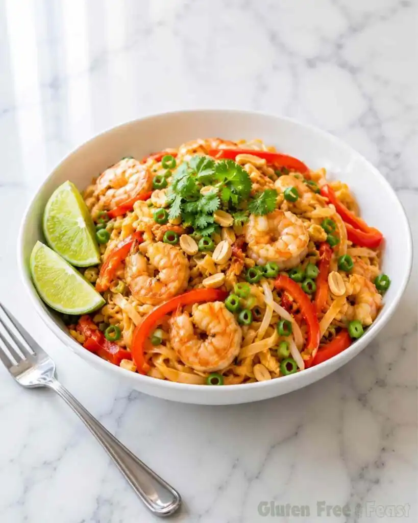 Angled view of homemade gluten free pad thai with lime wedges