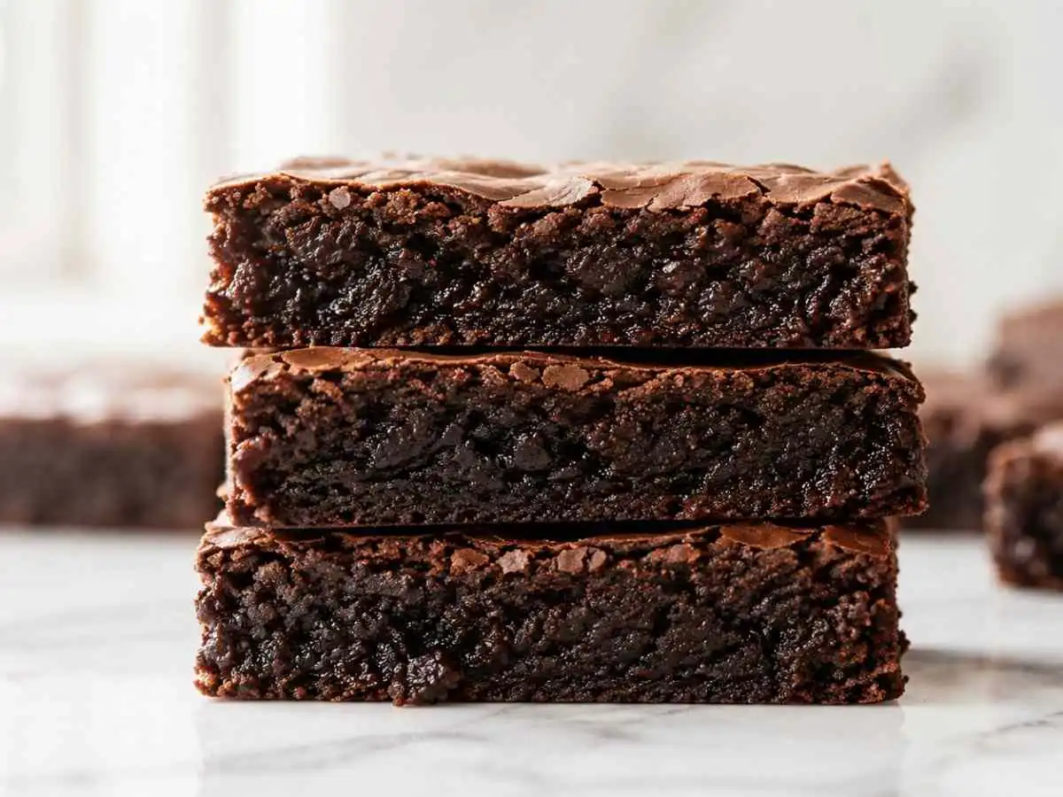 Homemade gluten-free brownies served on marble countertop with chocolate crumbs
