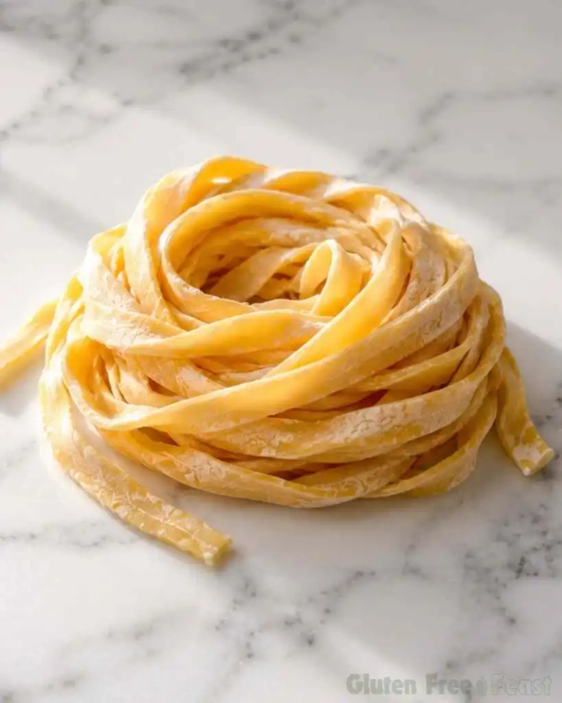 Homemade gluten-free fettuccine pasta nest with soft folds