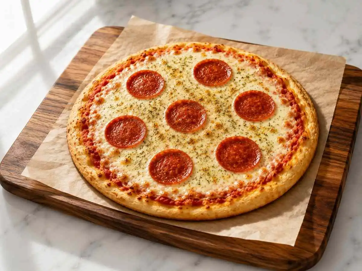 Finished homemade gluten free pepperoni pizza on a wooden board