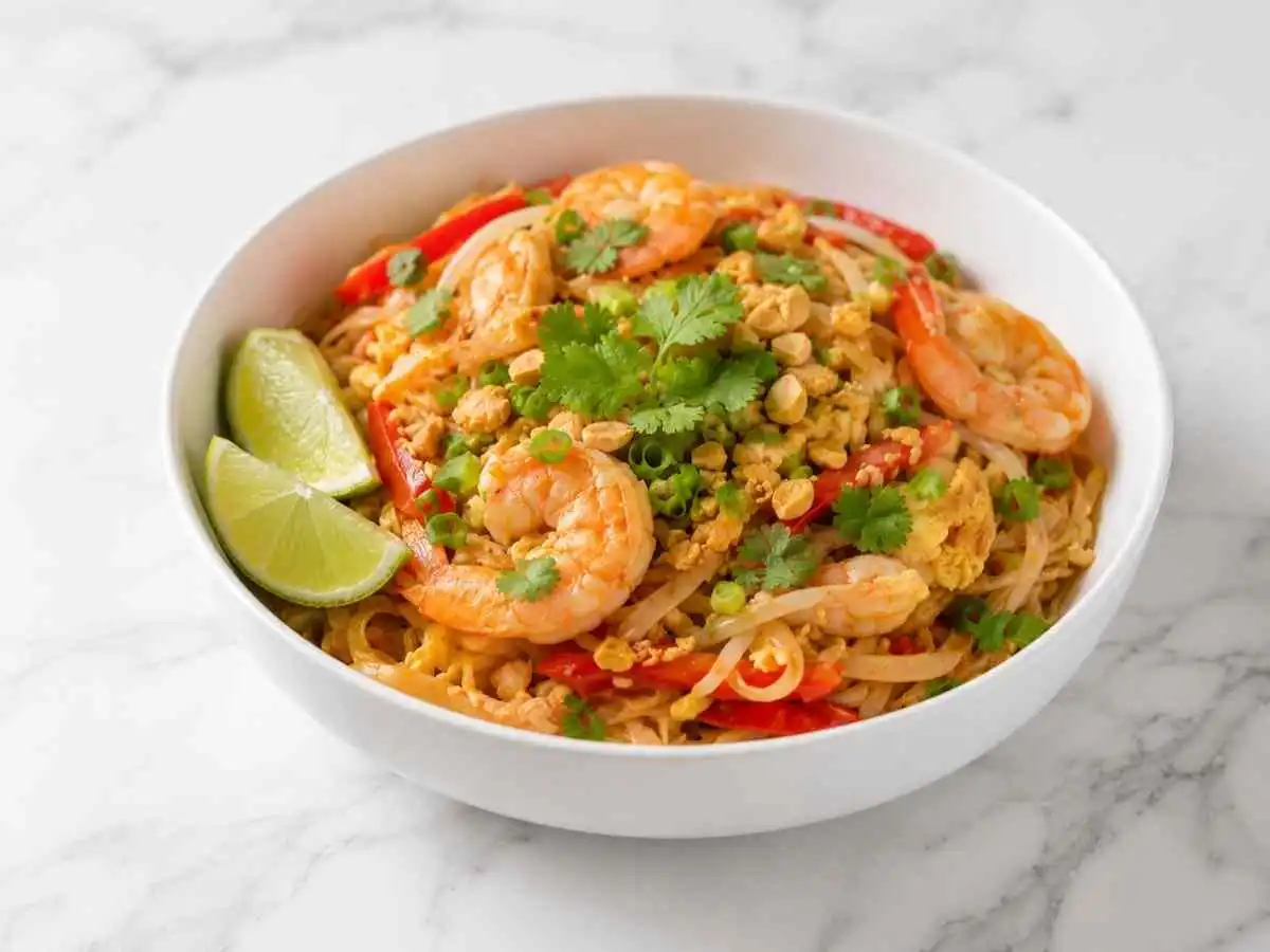 Gluten free pad thai served with shrimp and fresh cilantro