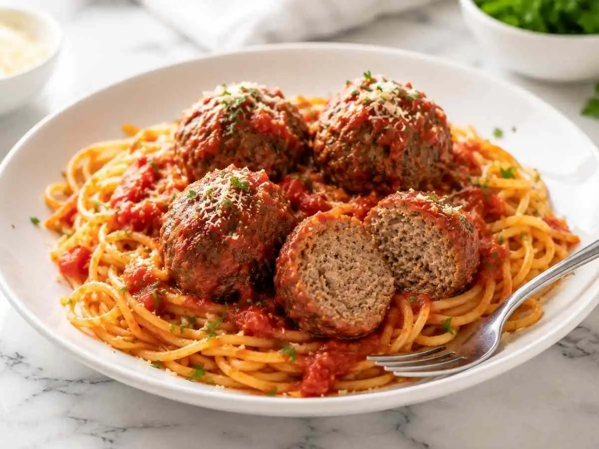 Juicy gluten free meatballs over spaghetti with marinara and parmesan
