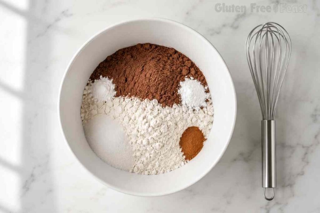 Gluten free flour, cocoa powder, baking powder, baking soda, salt and cinnamon mixed in a bowl
