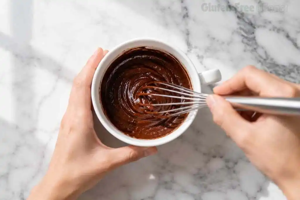 Hand whisking chocolate mug cake batter inside a white mug