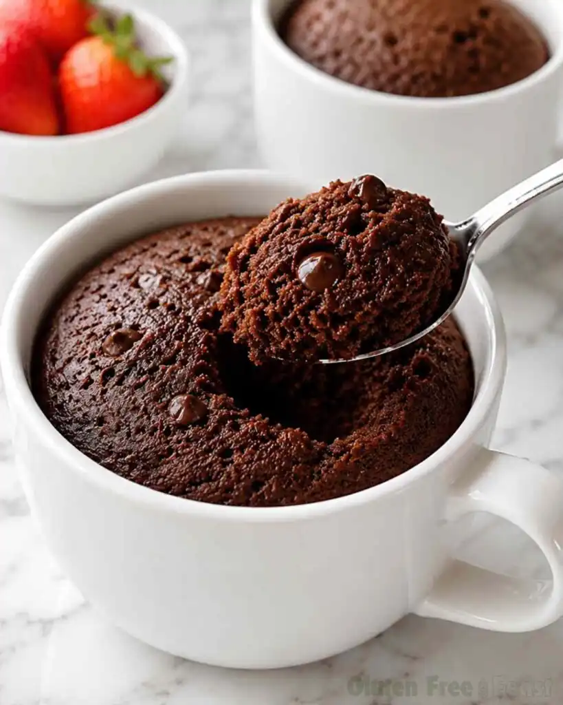 Spoon lifting a rich bite from a gluten-free chocolate mug cake