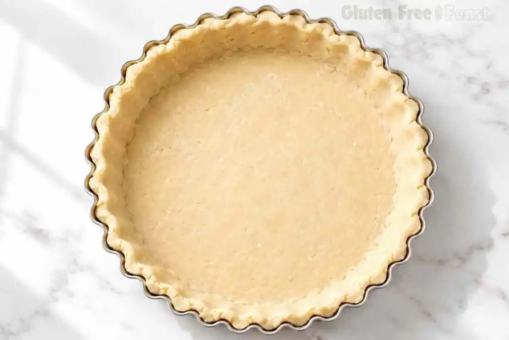 Raw gluten free pie crust pressed into a fluted tart pan