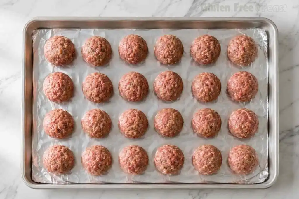 Raw gluten free meatballs arranged on a foil-lined baking sheet