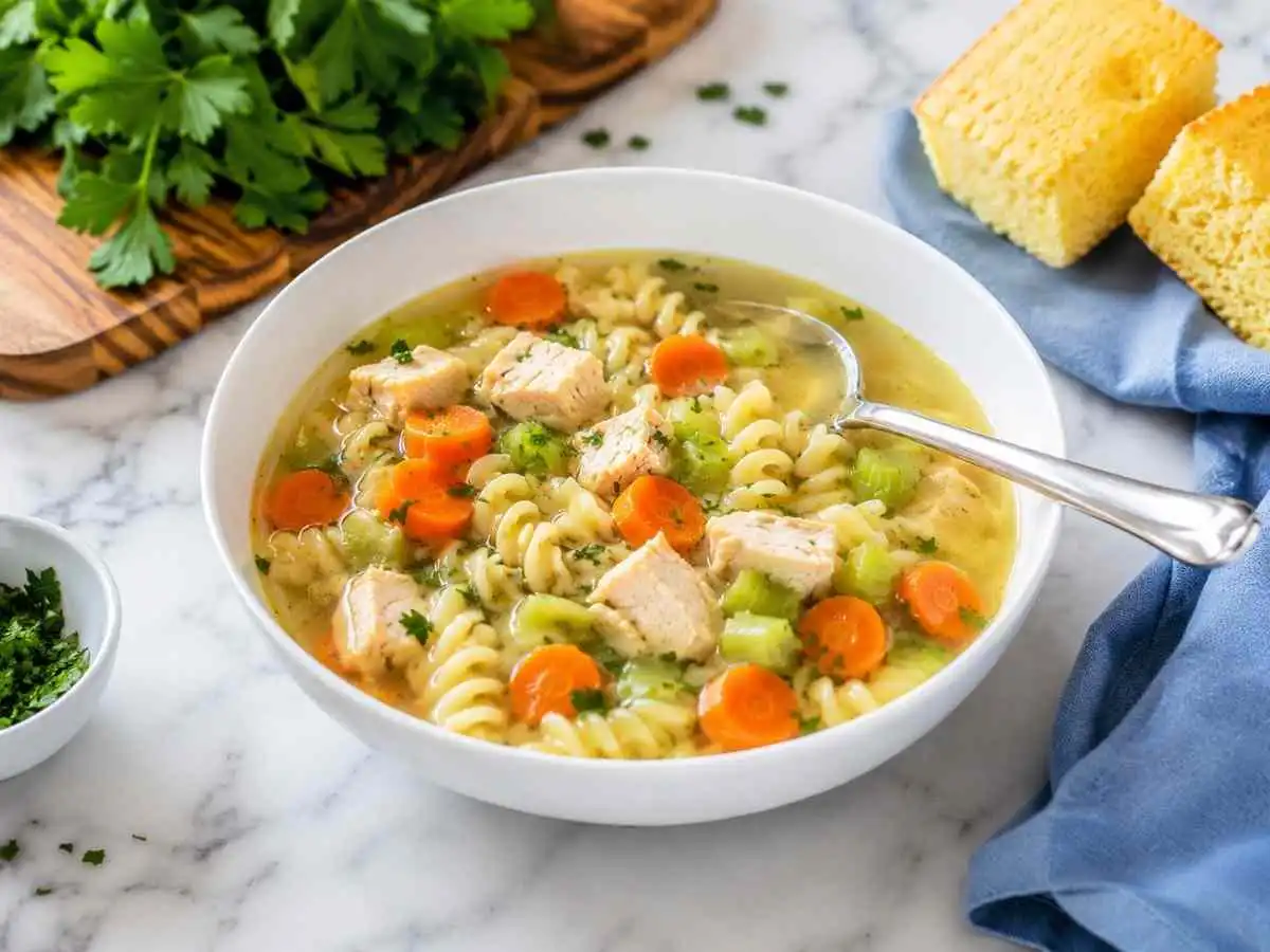 Bowl of gluten-free chicken noodle soup served with cornbread, parsley, and a spoon.