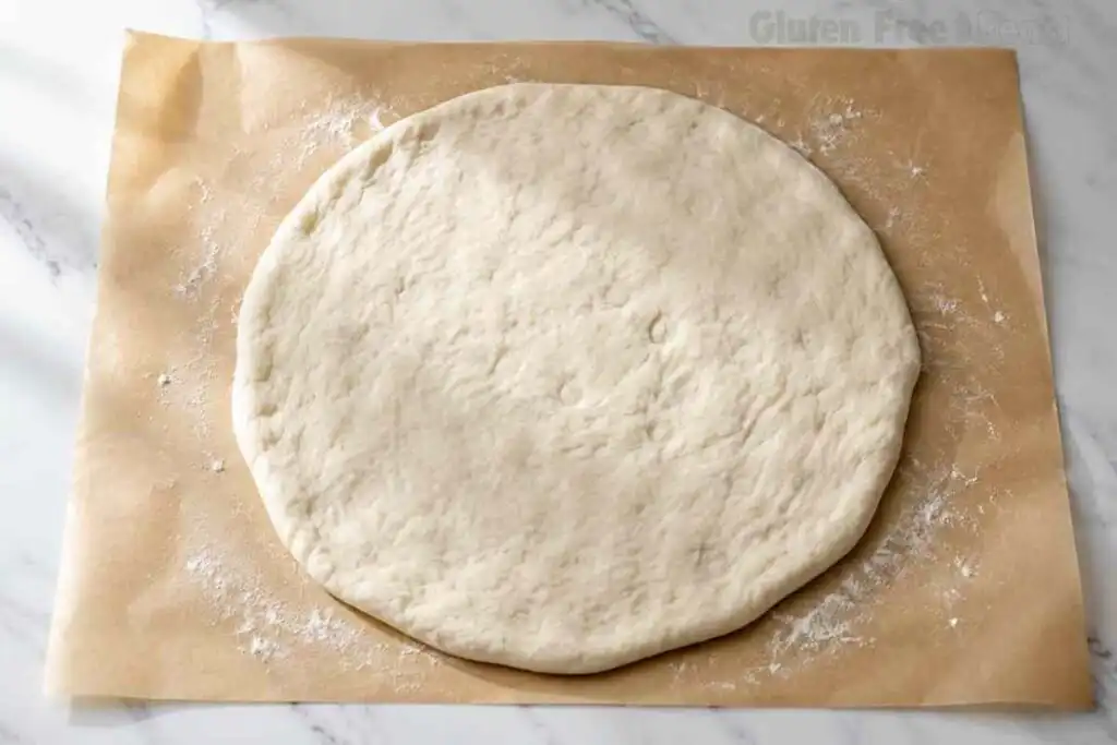 Hand-shaped round gluten free pizza dough on parchment paper