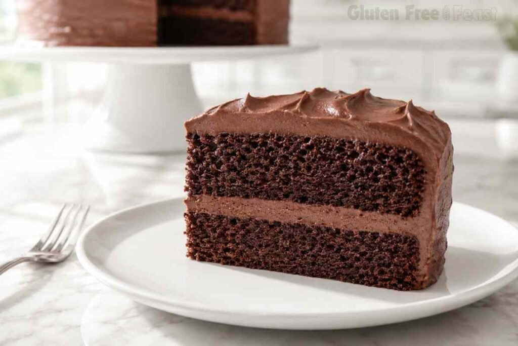 Gluten free chocolate cake slice with chocolate buttercream on a white dessert plate