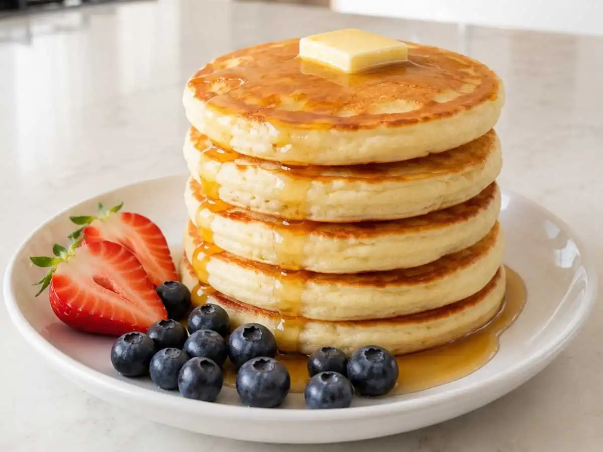 Close up of the best fluffy gluten-free pancakes stacked high with melting butter and pure maple syrup.