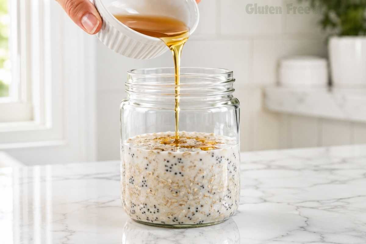 Hand pouring honey into a glass mason jar filled with gluten free rolled oats and chia seeds on a marble countertop