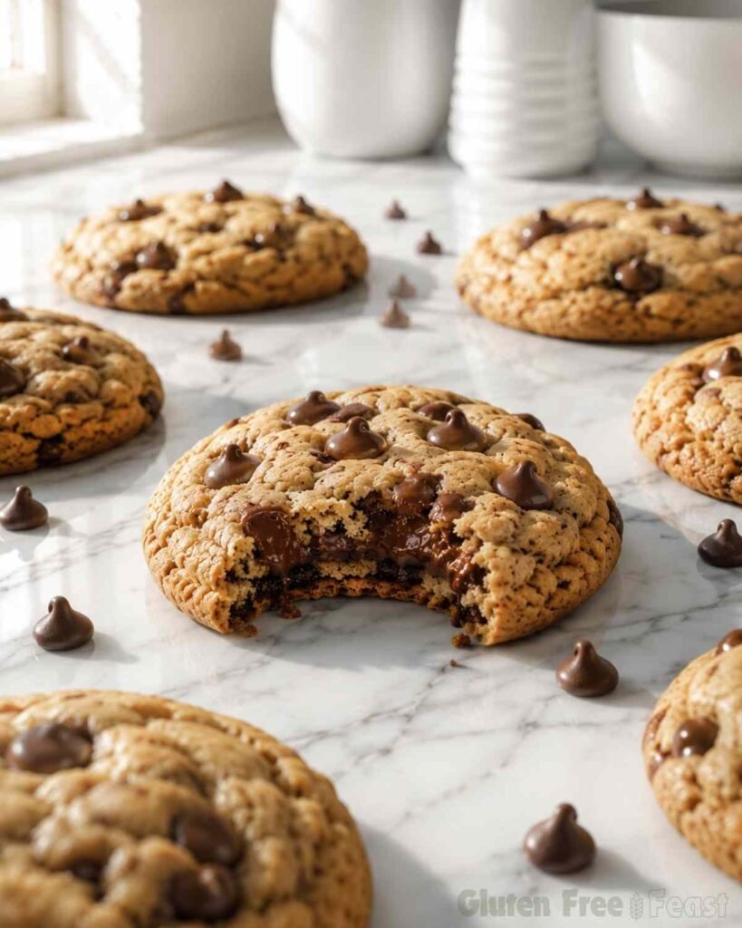Portrait-format hero shot of gluten free chocolate chip cookies on a marble surface, one broken open showing a gooey melted chocolate centre