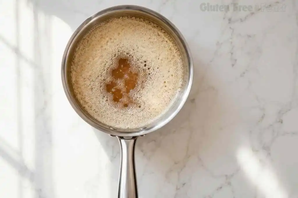 Butter foaming and browning in a stainless steel skillet on a marble surface