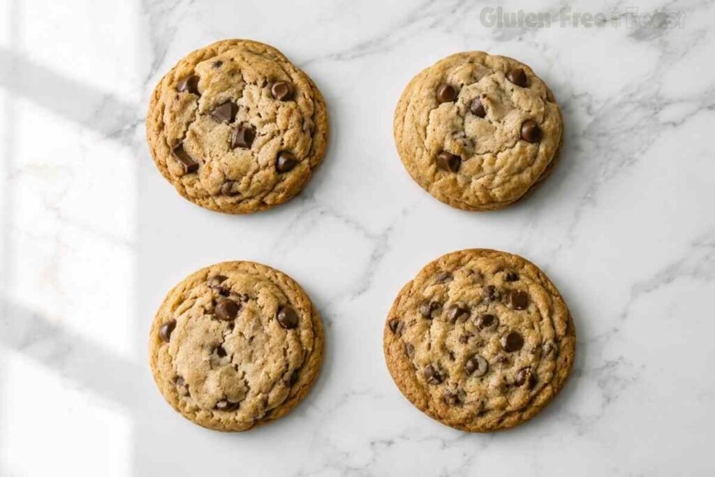 Four gluten free chocolate chip cookies on a marble surface showing crisp golden edges and chewy centres
