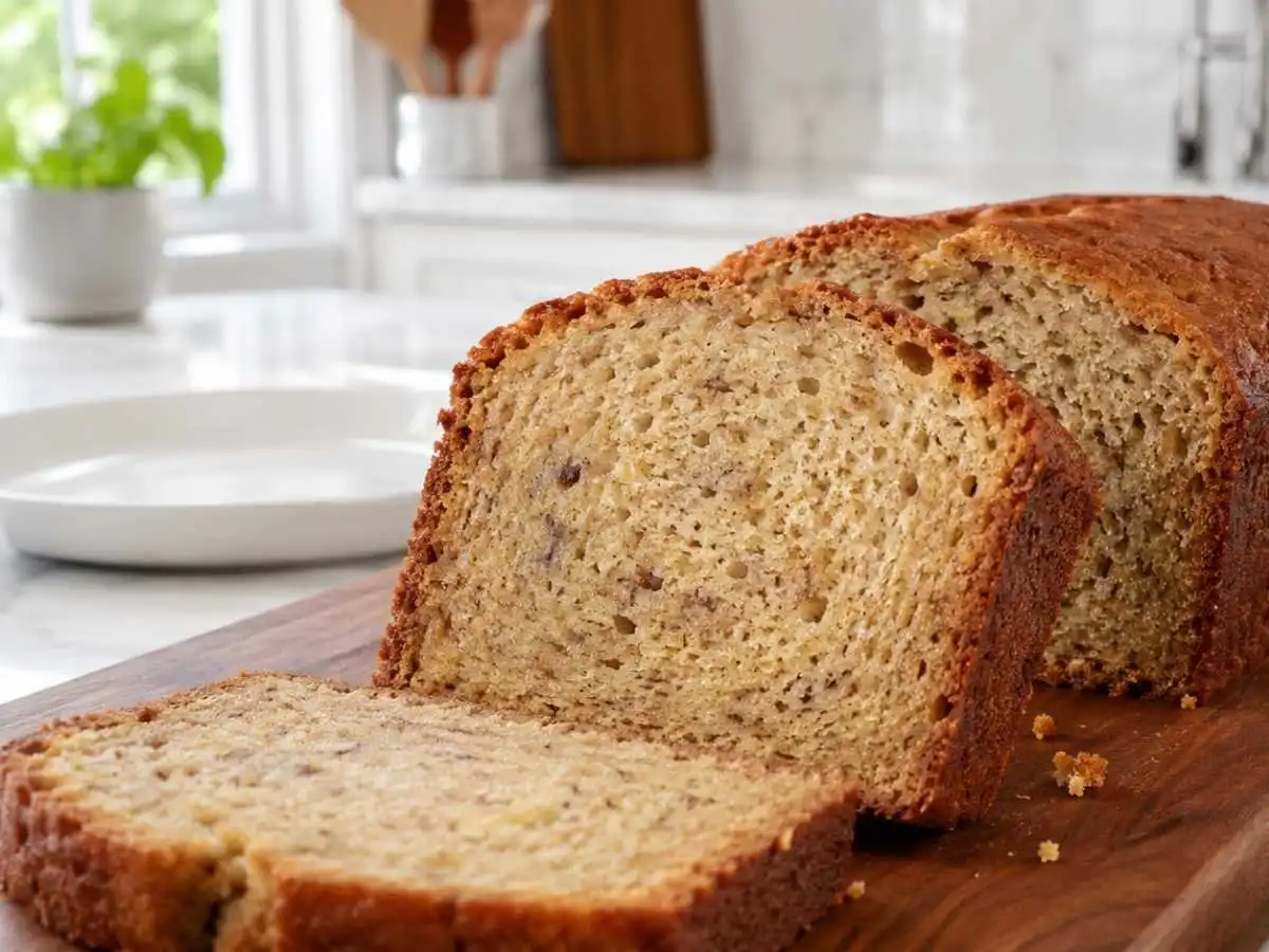 Easy gluten free banana bread recipe with slices fanned on a wooden board in a bright white kitchen