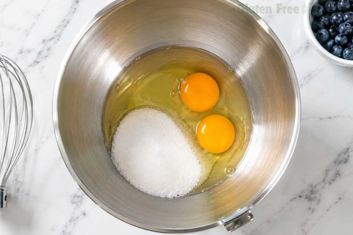 Overhead shot of two cracked eggs with bright yolks and granulated sugar in a stainless steel stand mixer bowl on a white marble countertop, ready to be beaten for gluten-free blueberry muffins