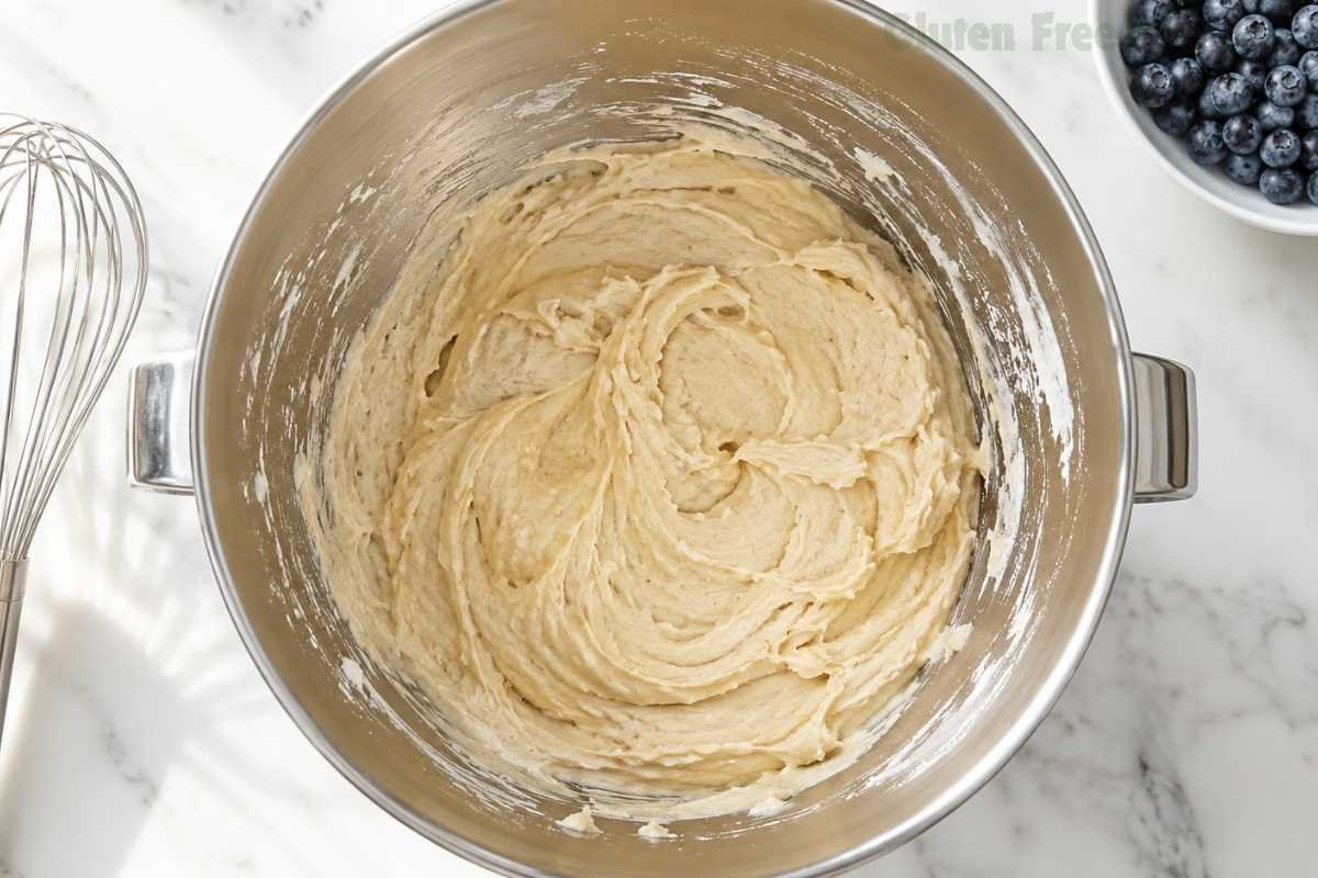 Overhead shot of finished thick gluten-free blueberry muffin batter in a stainless steel stand mixer bowl after folding in flour and yogurt alternately, showing smooth thick scoopable consistency on white marble