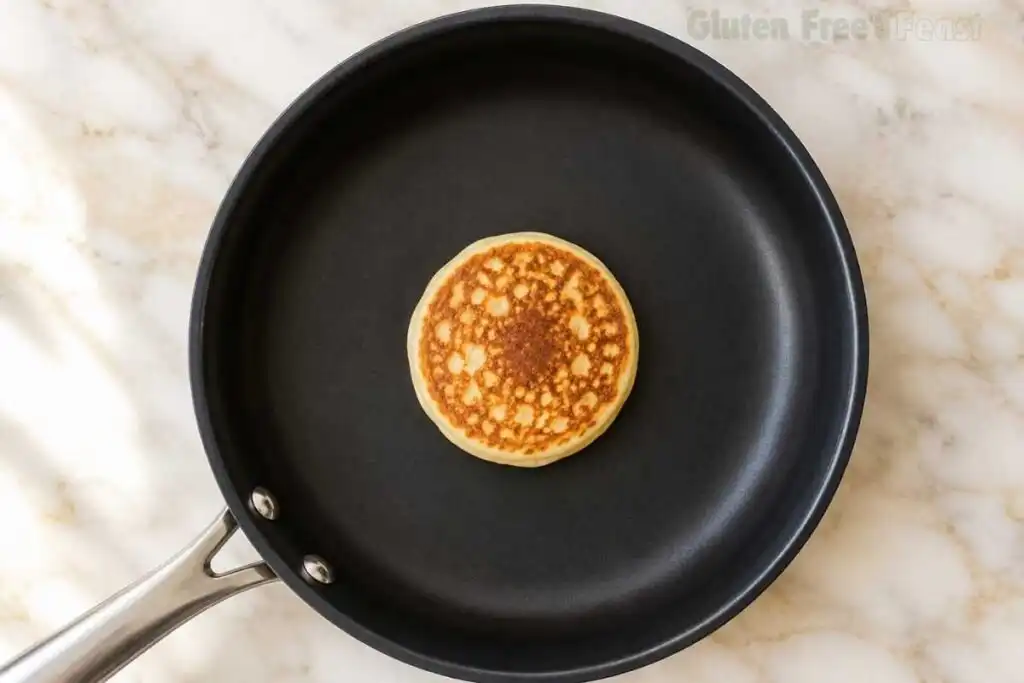 A perfectly golden-brown, fluffy gluten-free pancake cooking in a skillet after being flipped once.