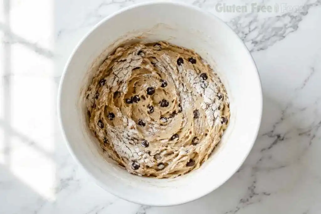Gluten free flour being folded into cookie dough with chocolate chips in a white bowl