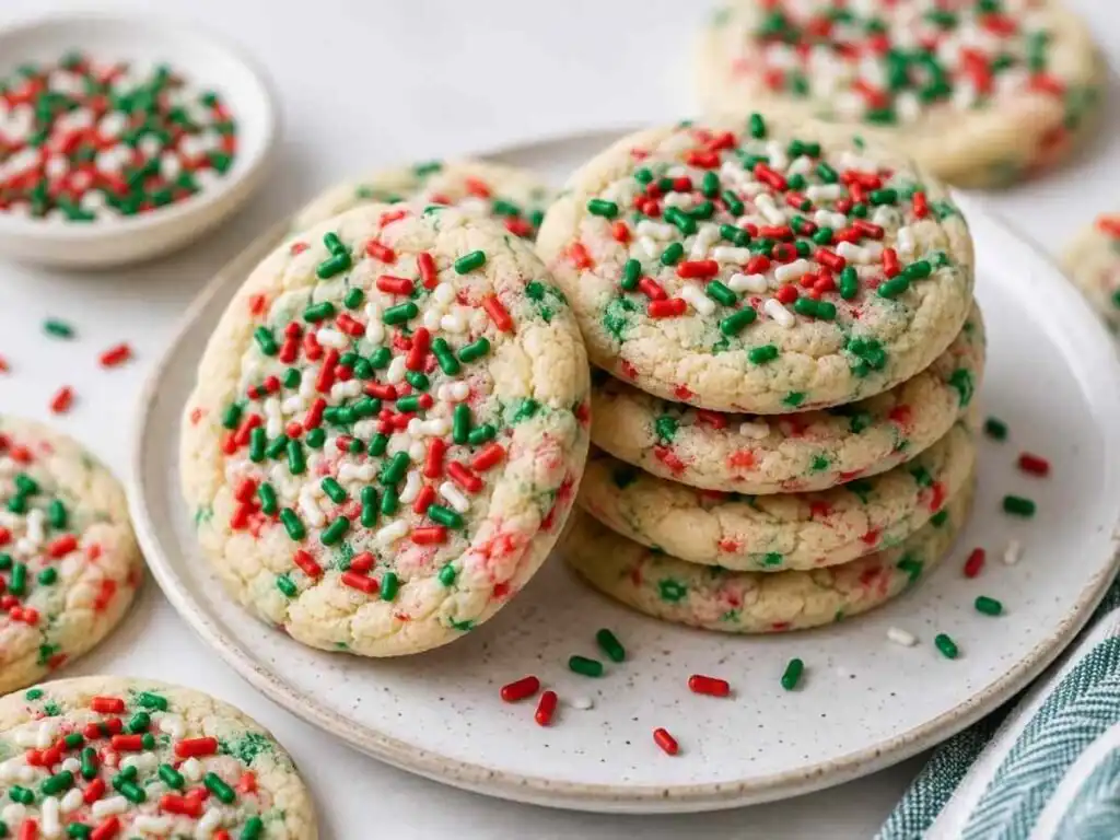 Gluten free Christmas cookies stacked on a white speckled plate with sprinkles scattered around