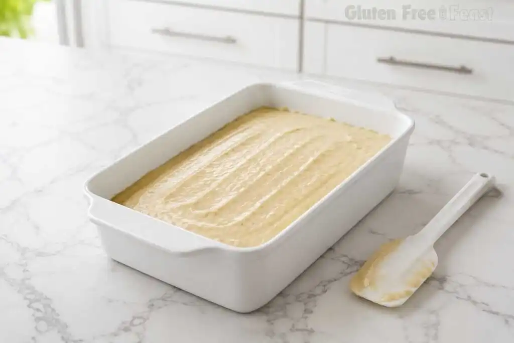 Pale golden gluten free banana bread batter smoothed into a white ceramic loaf pan on marble counter with a white silicone spatula beside it