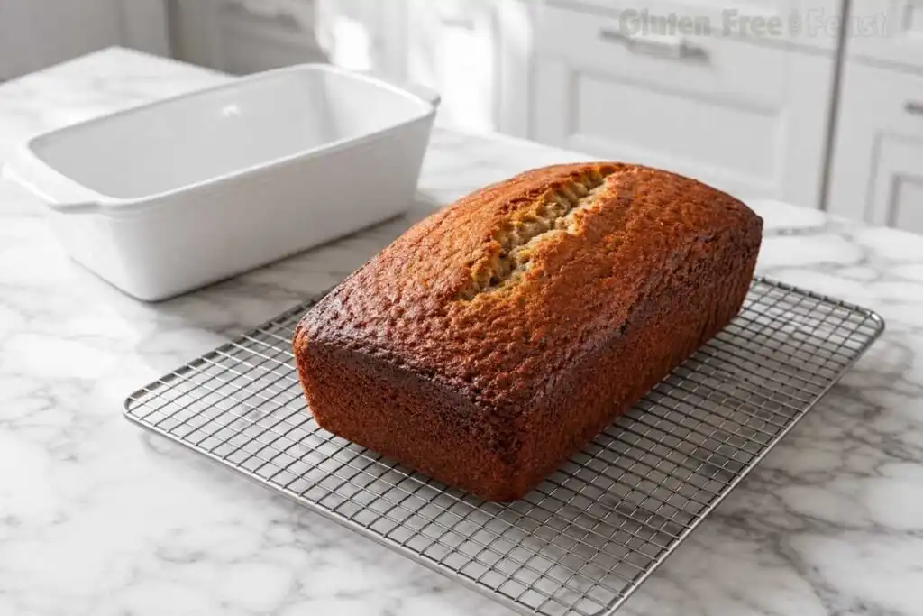 Freshly baked golden gluten free banana bread loaf cooling on a stainless steel wire rack on marble counter with empty white loaf pan behind
