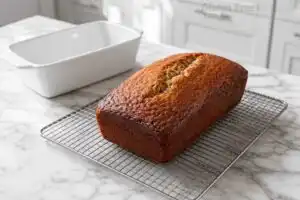 Freshly baked golden gluten free banana bread loaf cooling on a stainless steel wire rack on marble counter with empty white loaf pan behind