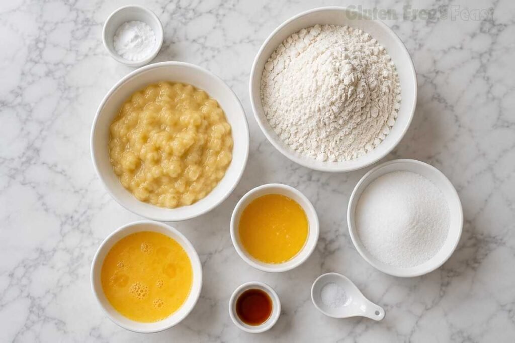 Gluten free banana bread ingredients flat lay with mashed banana, certified GF flour, eggs, melted butter, sugar, vanilla and baking soda in white bowls