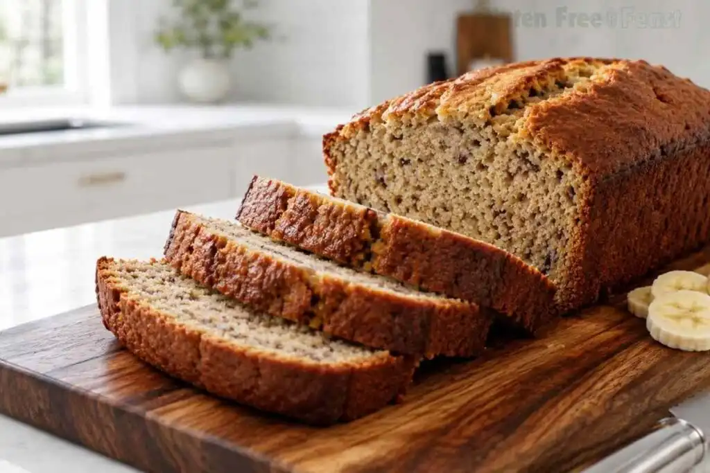 gluten free banana bread moist sliced loaf on wooden board with banana slices celiac safe breakfast