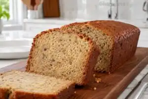 Gluten Free Banana Bread (Moist Every Time) Sliced gluten free banana bread loaf on a wooden board showing golden crust and moist tender crumb
