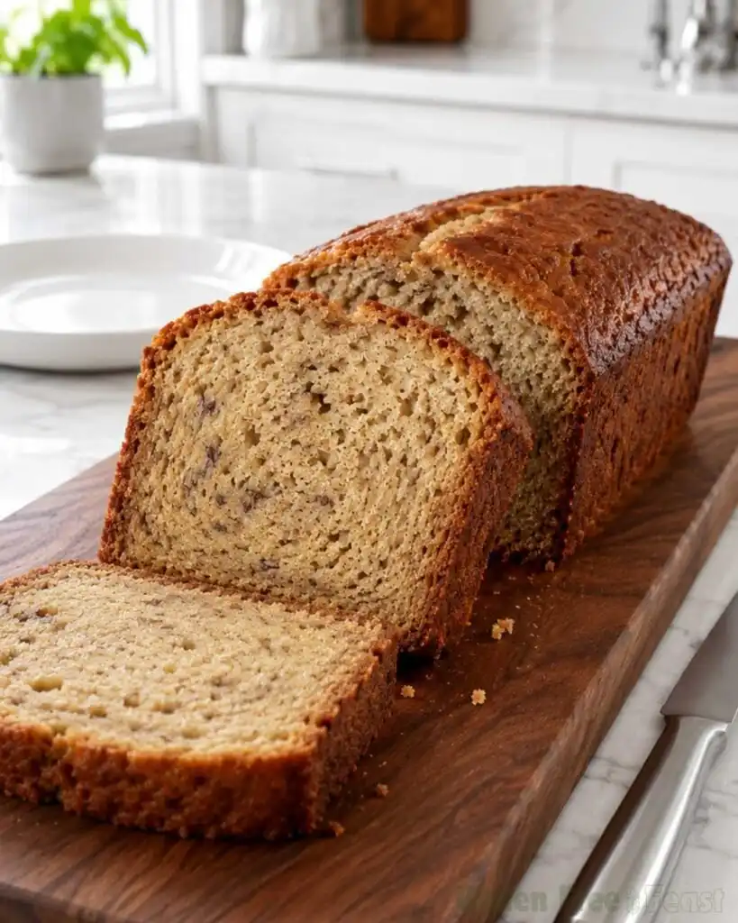 Close up of gluten free banana bread slices stacked on a wooden board showing tender crumb texture