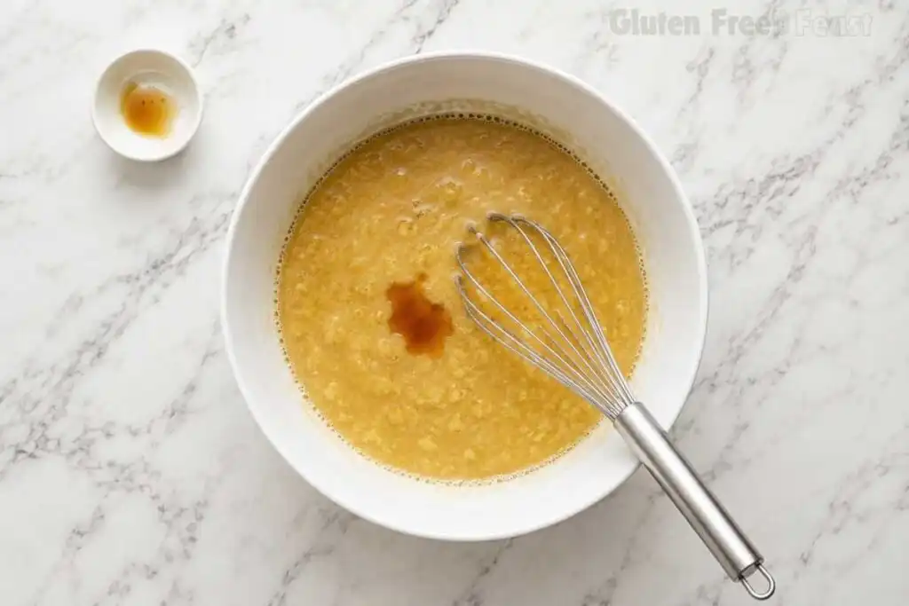 Golden banana bread wet mixture being whisked in a white ceramic bowl on marble with a small bowl of vanilla extract alongside