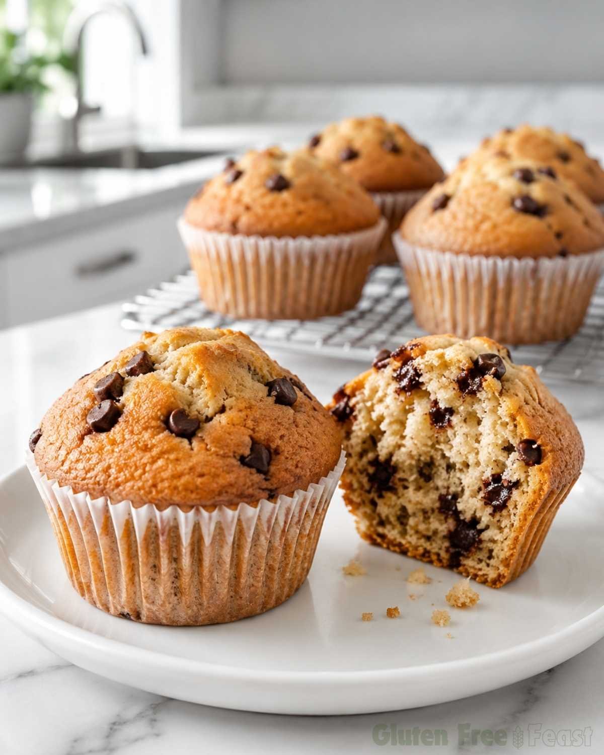 Portrait close-up of gluten-free banana chocolate chip muffins on a white plate one split open revealing moist crumb with melted chocolate chips with more muffins on cooling rack in background