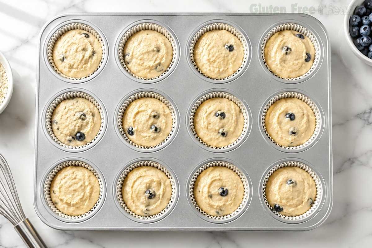 Overhead shot of a 12-cup silver muffin pan with white liners filled with gluten-free banana chocolate chip muffin batter beside a bowl of fresh blueberries on a marble surface