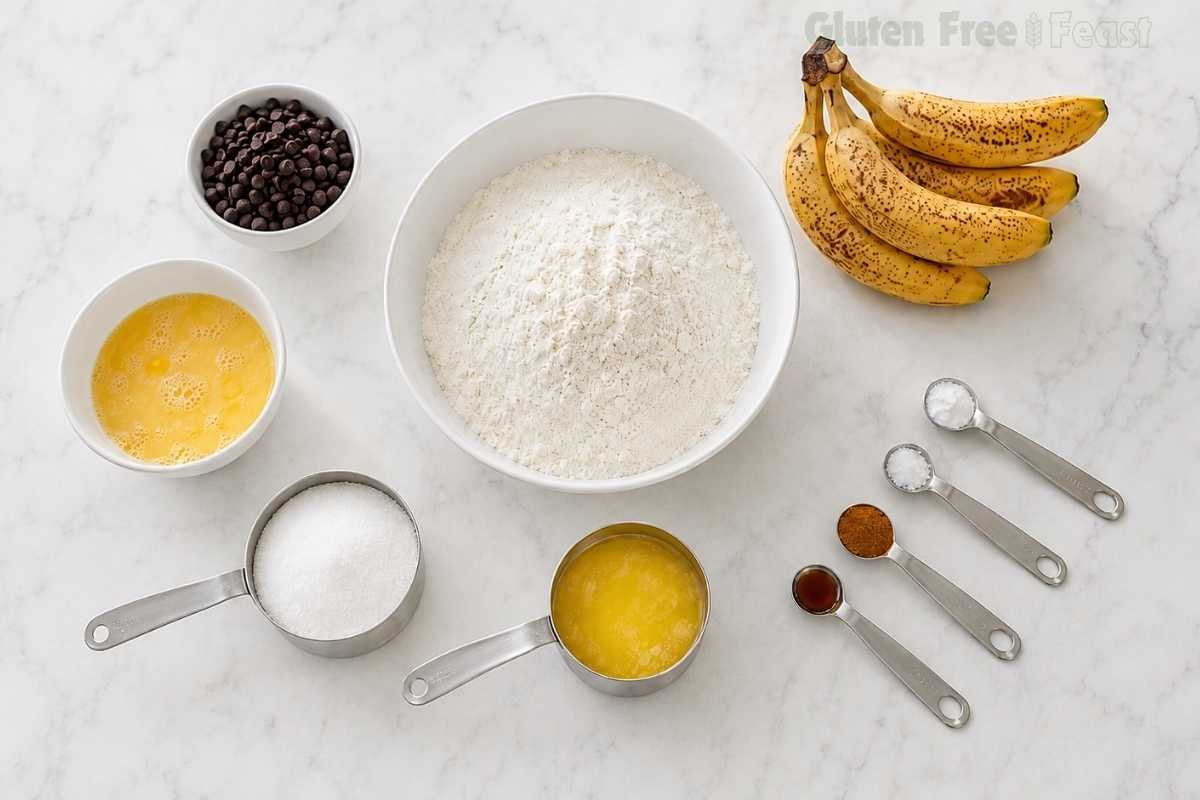 Overhead flat lay of gluten-free banana muffin ingredients on white marble — overripe bananas, GF flour blend, chocolate chips, butter, sugar, eggs, vanilla and cinnamon in white ceramic bowls