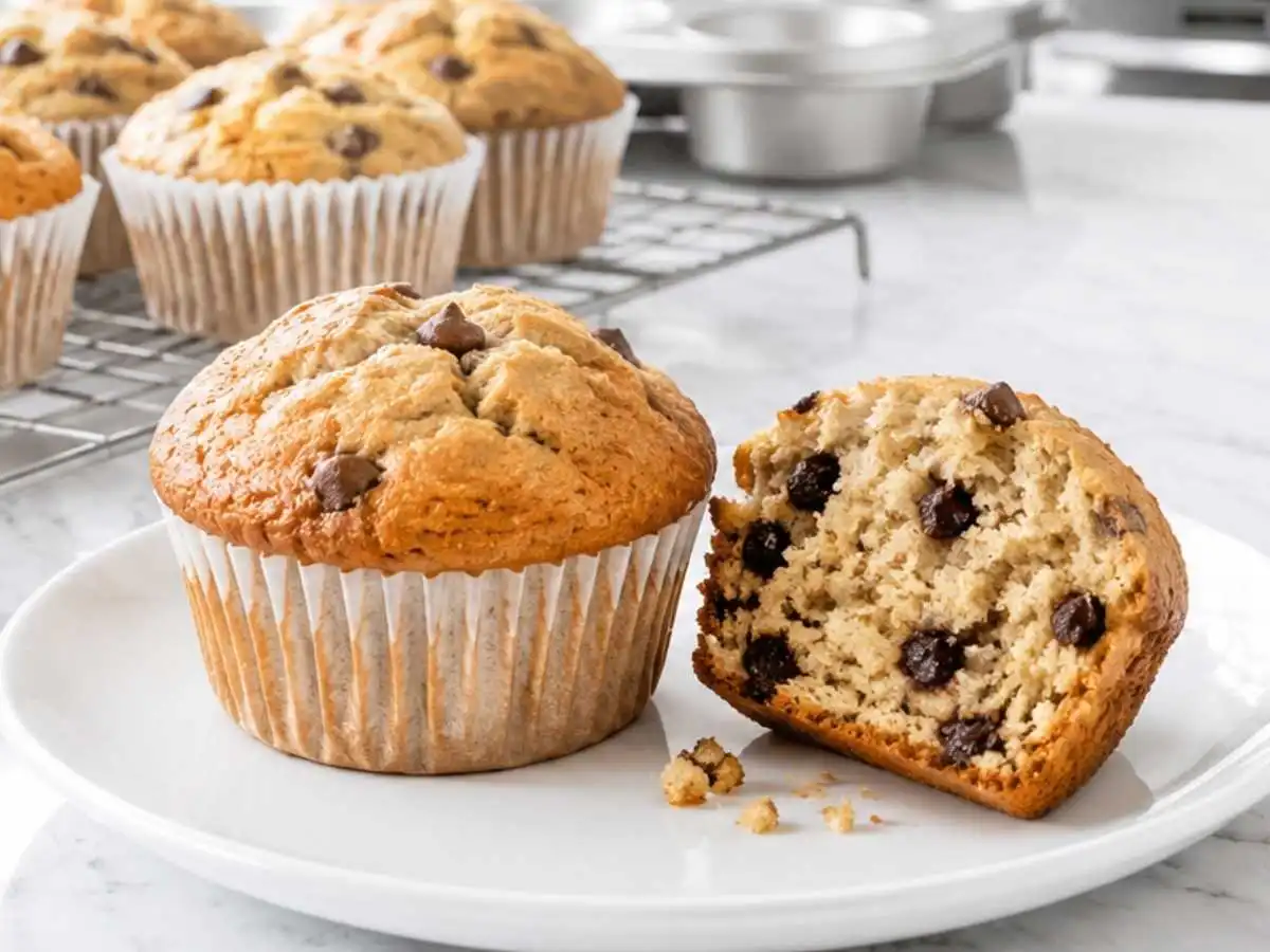 Side angle shot of soft golden gluten-free banana chocolate chip muffins one whole one split open on a white ceramic plate in a bright white kitchen with muffin pan on cooling rack in background