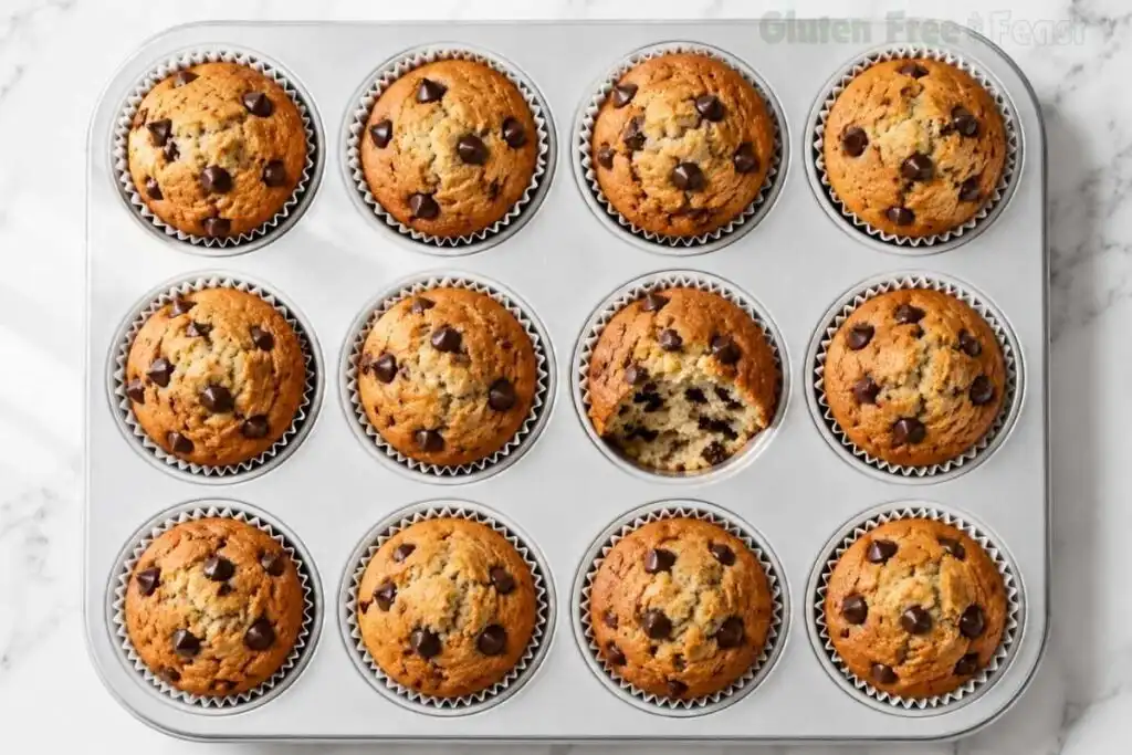 Twelve soft golden gluten-free banana chocolate chip muffins in a silver muffin pan on a white marble countertop, one split open showing fluffy moist crumb studded with melted chocolate chips
