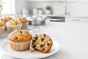 Gluten Free Banana Muffins (Soft, Moist & One Bowl) Two gluten-free banana chocolate chip muffins on a white ceramic plate in a bright kitchen one split open showing a soft moist crumb packed with chocolate chips with more muffins on a rack behind