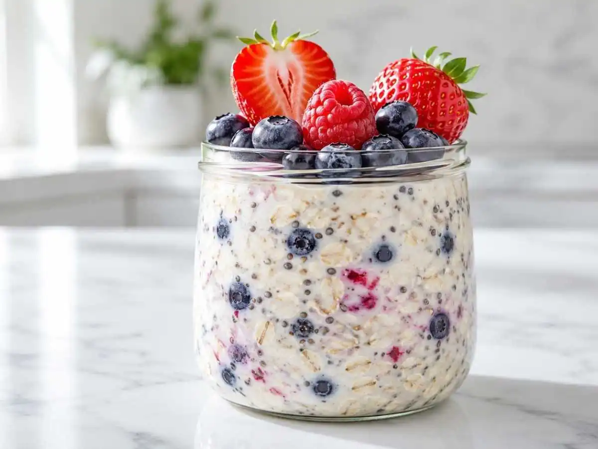Close up of a glass jar of gluten free berries and cream overnight oats topped with fresh strawberries raspberries and blueberries on a marble surface