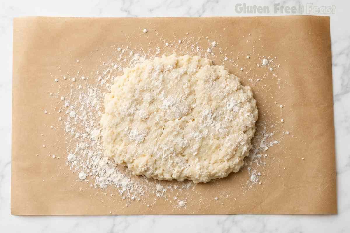 Gluten free biscuit dough placed on floured parchment paper ready to be folded and shaped