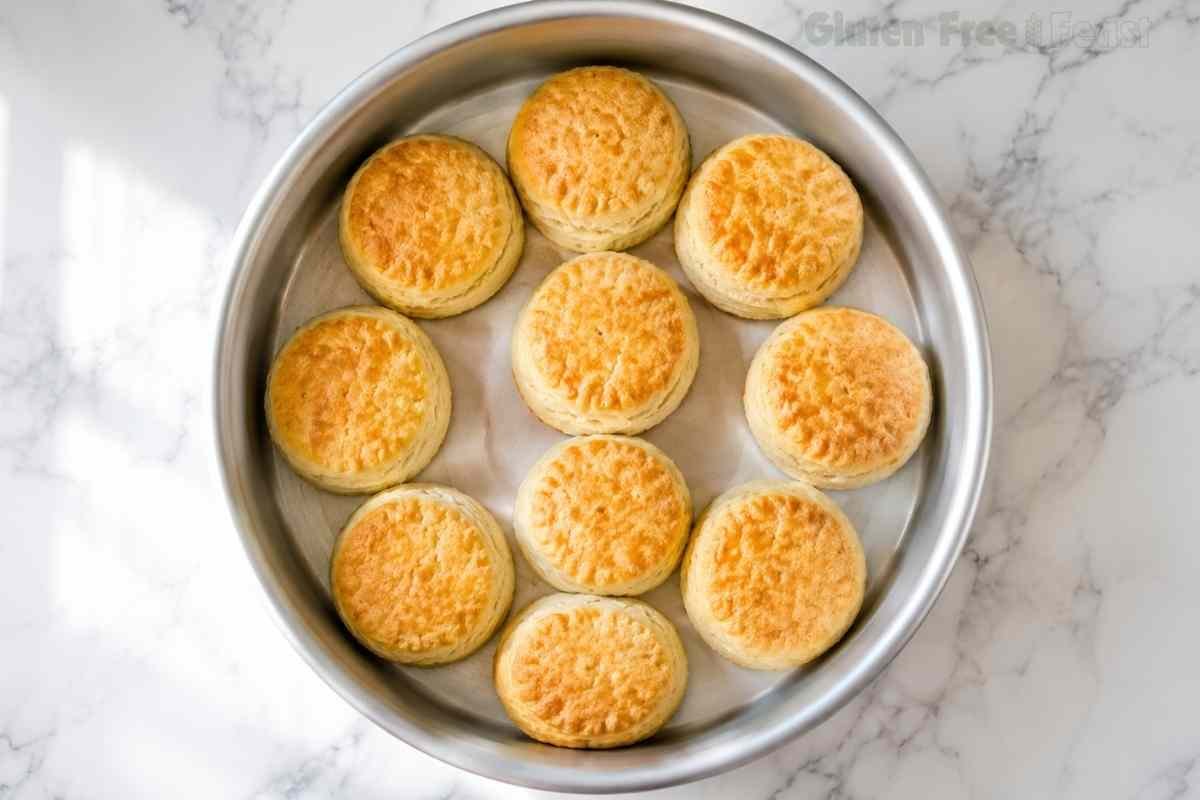 Freshly baked gluten free buttermilk biscuits golden brown in a round baking pan straight out of the oven