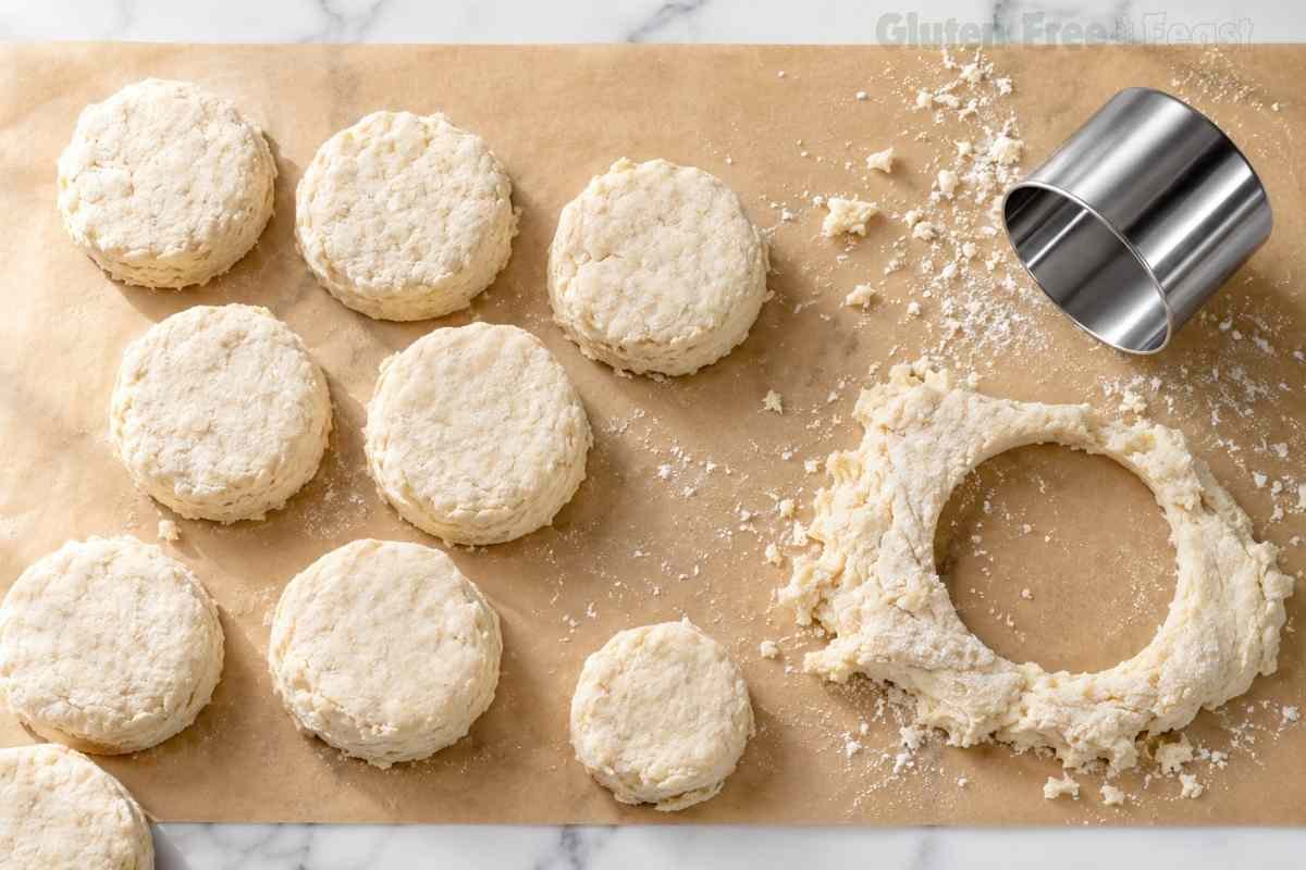 Gluten free biscuit rounds cut from the dough using a round biscuit cutter arranged on parchment paper ready to bake
