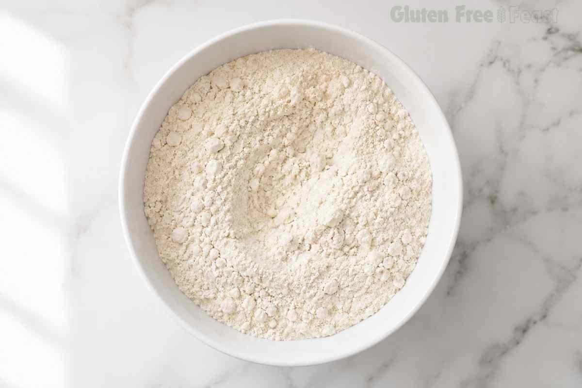 Gluten free flour mixture with baking powder and salt whisked together in a white mixing bowl on a marble surface