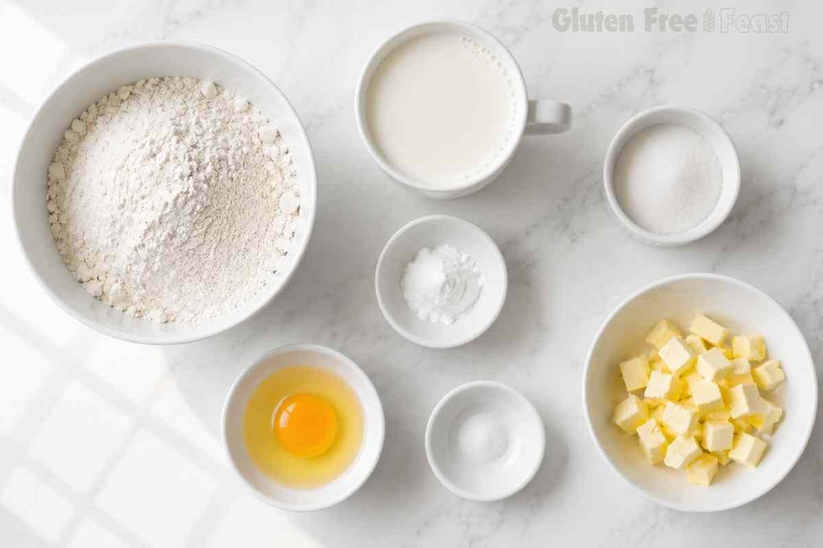 Gluten free biscuit ingredients in white bowls on marble including gluten free flour, cold butter cubes, egg, milk, baking powder and salt