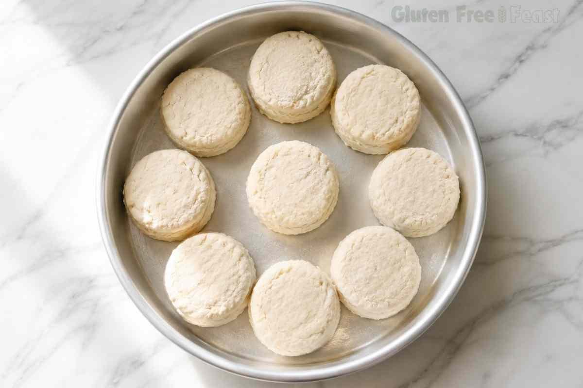 Unbaked gluten free buttermilk biscuit rounds arranged in a round silver baking pan before going in the oven
