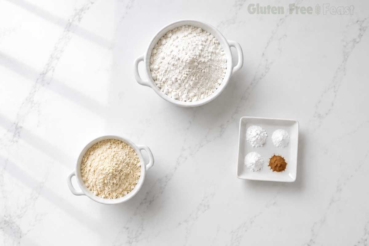 Overhead flat lay of gluten-free blueberry muffin dry ingredients on white marble — GF measure-for-measure flour blend, almond flour, baking powder, baking soda, salt and nutmeg in white ceramic bowls