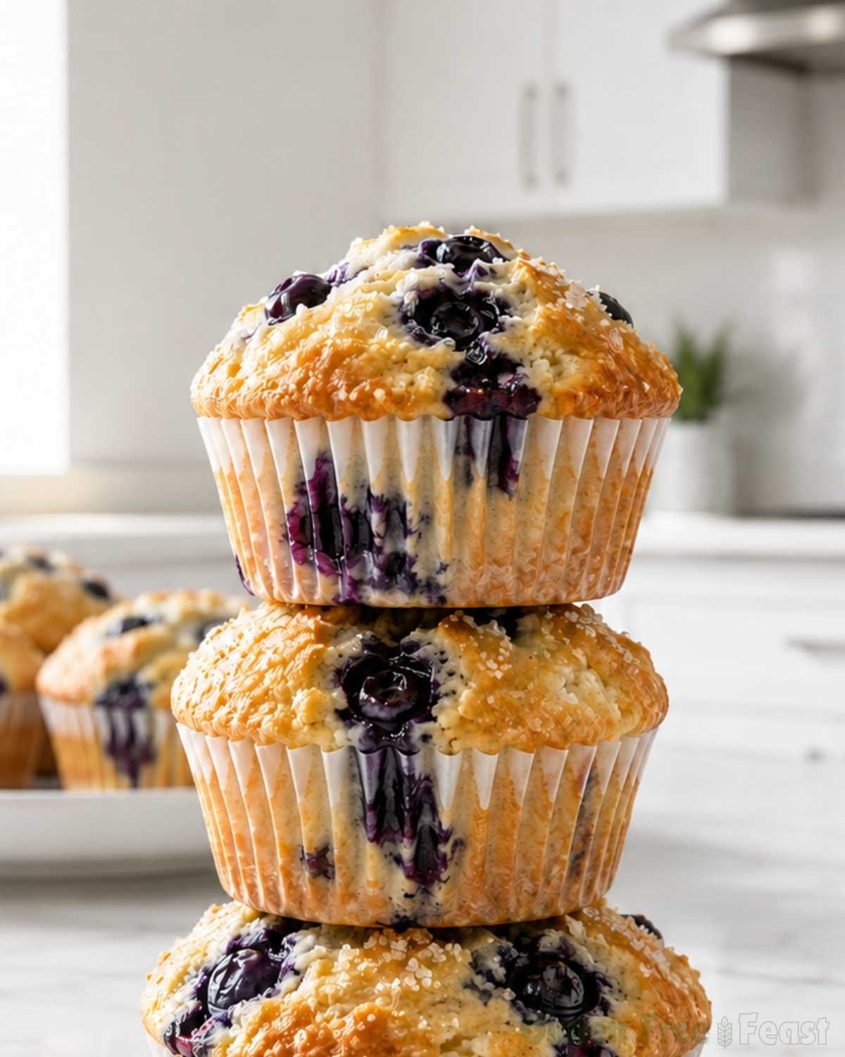 Portrait close-up of three gluten-free blueberry muffins stacked in a tower showing tall domed tops with turbinado sugar crust, burst blueberries and golden caramelised edges in a bright white kitchen