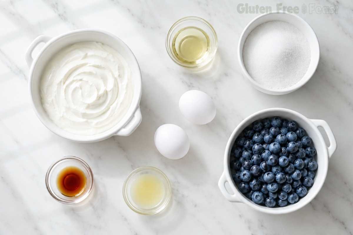 Overhead flat lay of gluten-free blueberry muffin wet ingredients on white marble — whole milk yogurt, neutral oil, granulated sugar, two eggs, fresh blueberries, vanilla extract and lemon juice